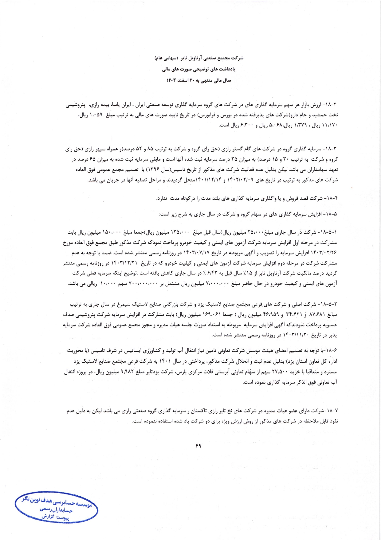 گزارش حسابرس مستقل و بازرس قانونی و صورت های مالی تلفیقی و جداگانه شرکت مجتمع صنعتی آرتاویل تایر (سهامی عام) در سال 1403